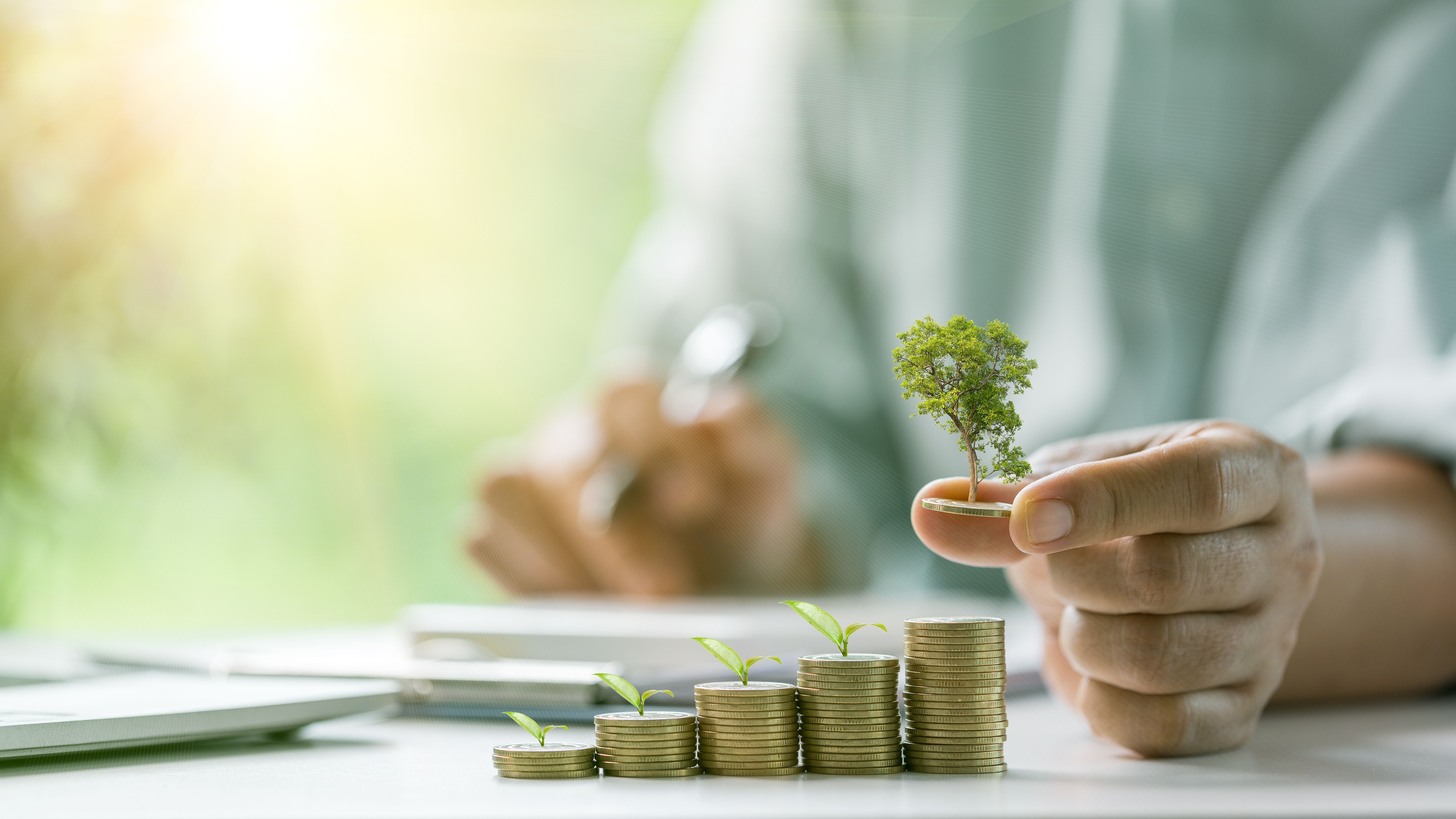 Man sitting holding a plant in his hand and stacked coins nearby - Inter American Development Bank - IDB Biodiversity