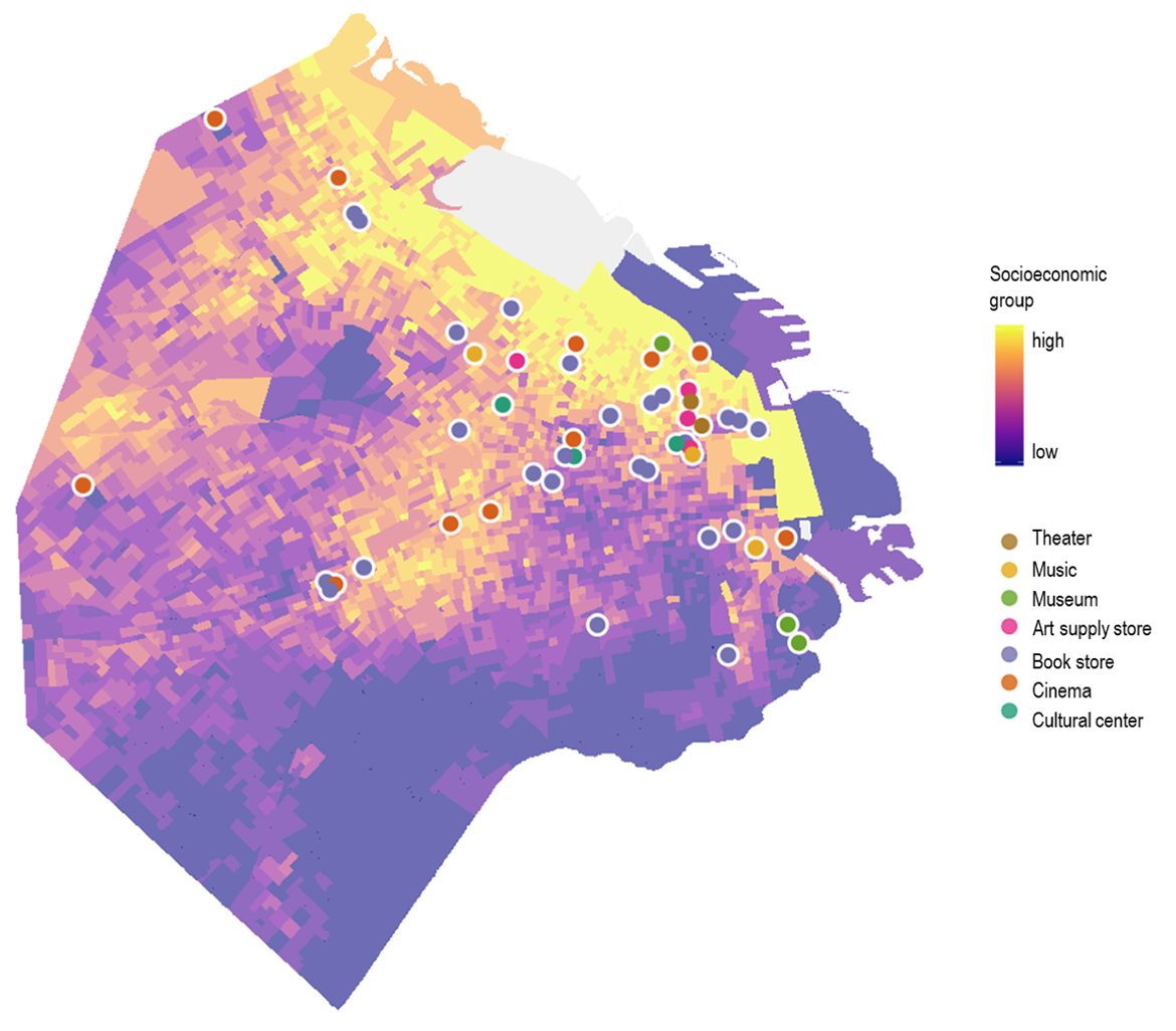 Fig. 3 Dots with the cultural offer versus the socioeconomic level on the map, 2010 census.