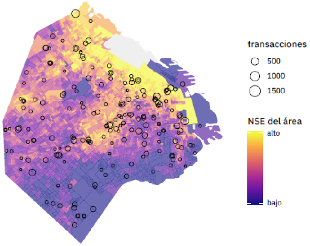 Fig.4: Ejemplo de resultados de análisis, ubicación de escuelas con beneficiarios activos por nivel socioeconómico (NSE).