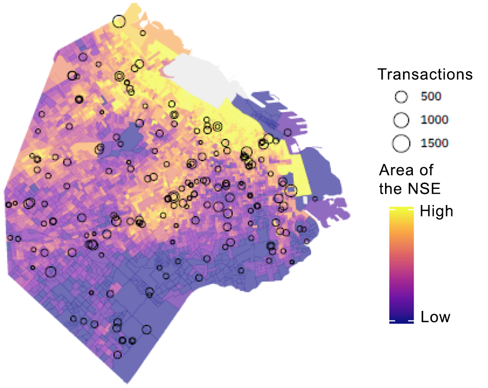 Fig. 4: Example of the results, location of schools with active users by socioeconomic group (NSE).