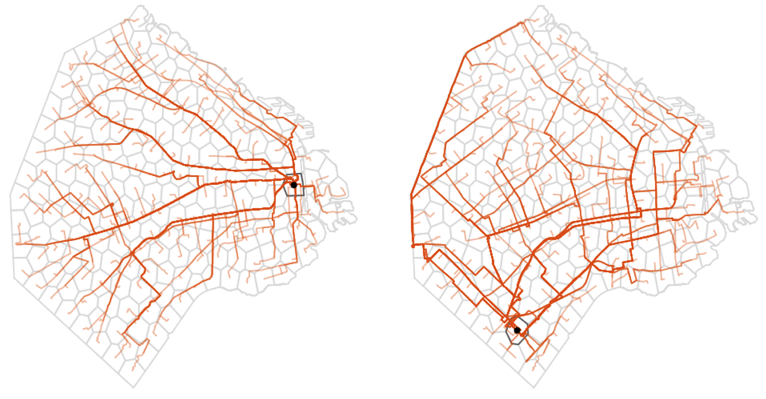 Fig.5. Ejemplos de las rutas en transporte público desde celdas con alta y baja conectividad respecto al resto de la ciudad.