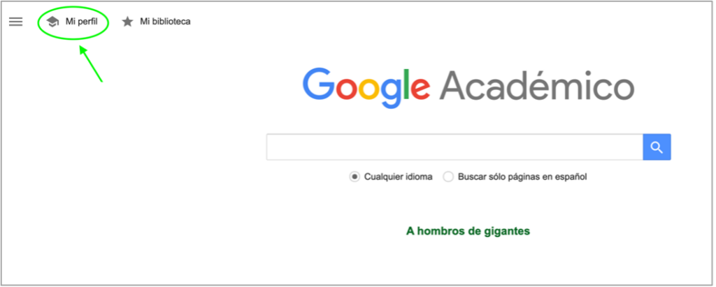 Se muestra cómo acceder a Mi Perfil desde la pantalla principal de Google Scholar