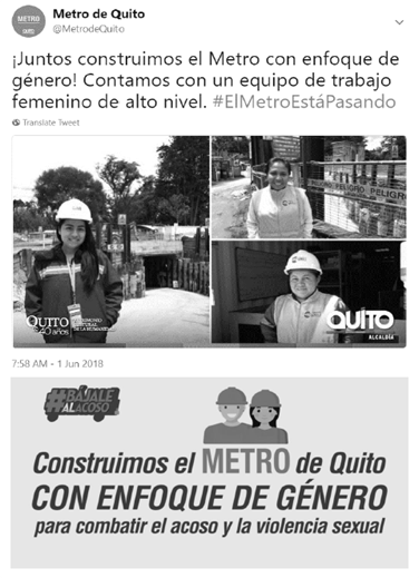 Anúncio laboral para mulheres nas obras do metrô em Quito