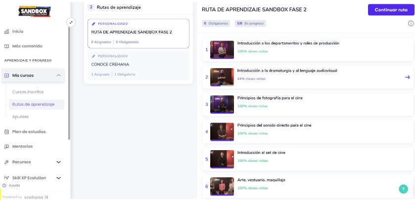 Seis cursos basados en microlearning, que permitieron el desarrollo de 38 clases co-construidas y presentadas en la plataforma por profesionales con amplio reconocimiento en la industria audiovisual de Colombia y México.  