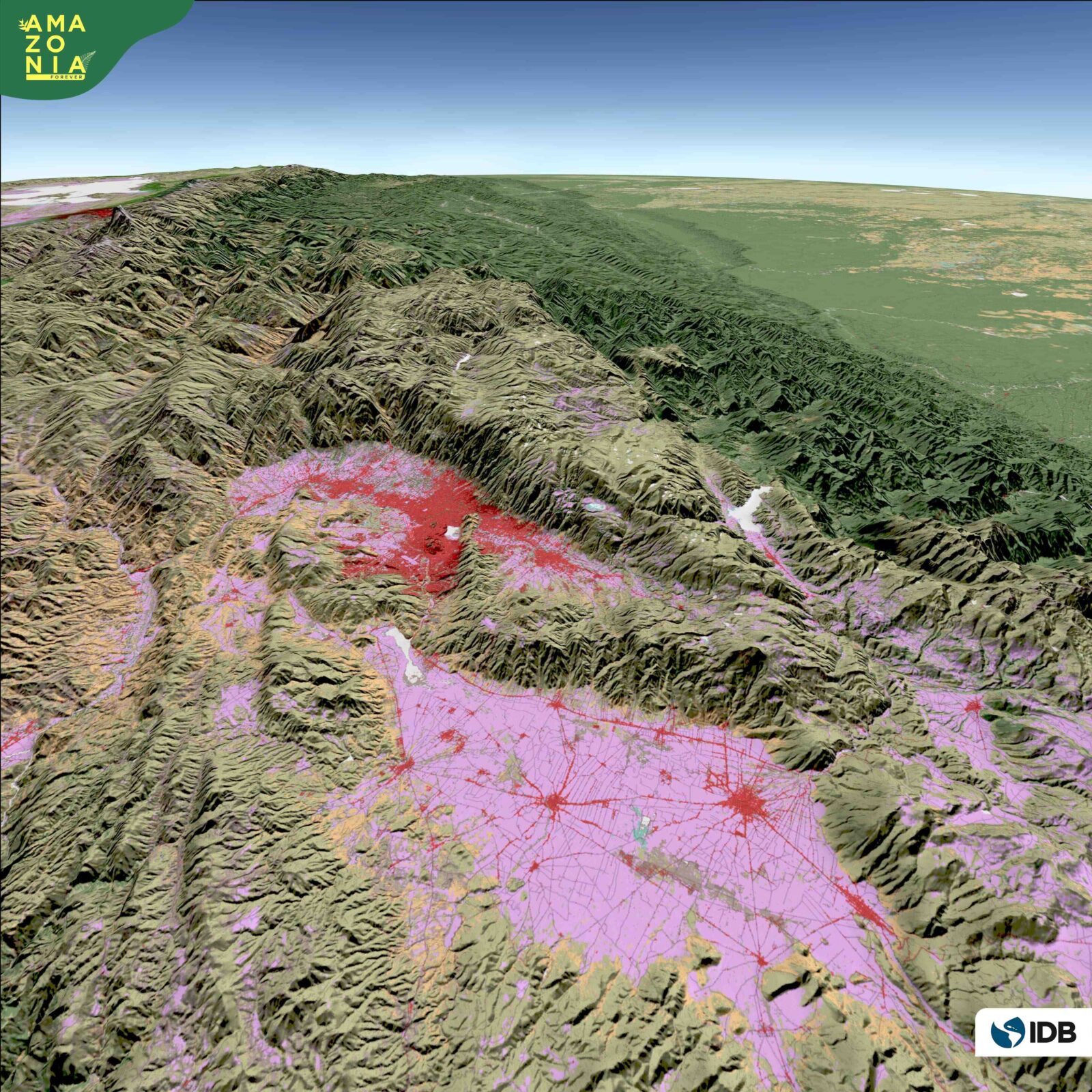 Map 3: Cartography, analysis, 3D modelling and visualization: AmazoniaForever360+. Data: ESA Copernicus DEM; ESA WorldCover; OSM road network; JRC Water Bodies. 