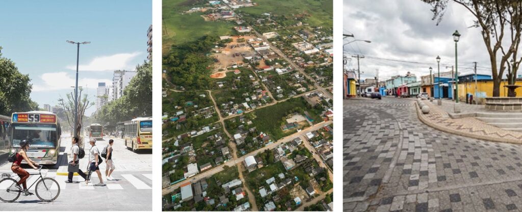 Imágenes de tres ciudades con vehículos, en medio de la naturaleza y una plaza