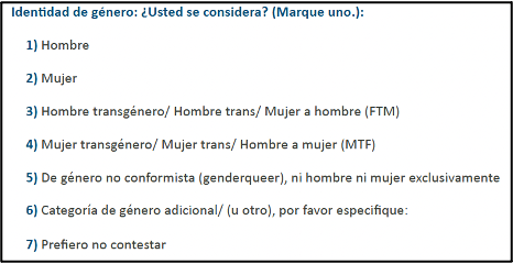 Sección de la encuesta que pregunta por el género del estudiante y que da varias opciones más allá de hombre o mujer