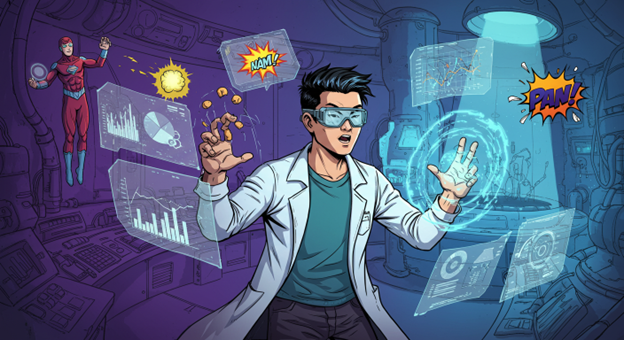 Superhéroe en laboratorio, analizando datos