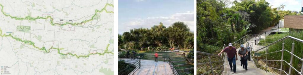 Tres imágenes de un proyecto en San José de Costa Rica coninfraestructura verde lineal a lo largo del río con el objetivo de contribuir a la conservación del ecosistema y la limpieza del curso del agua