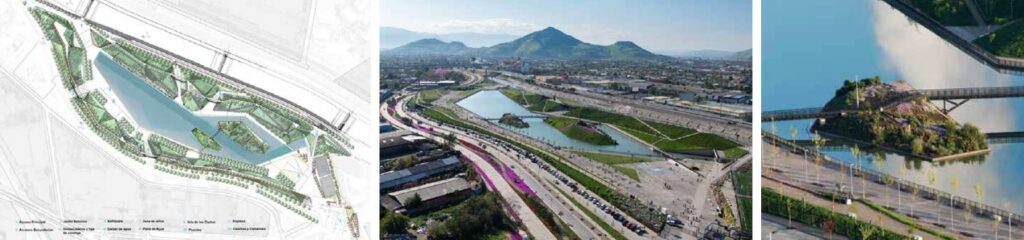 Tres imágenes de un proyecto en Santiago de Chile por el que se logró conectar las comunas de la zona, mejorando la gestión del agua, así como el confort ambiental del área.