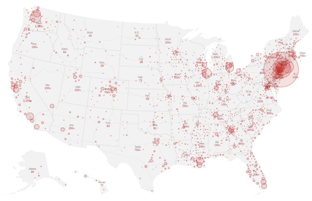 distribución de casos reportados por estado, y por condado al 23 de marzo