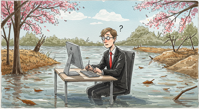 guy at computer desk in a shallow lake