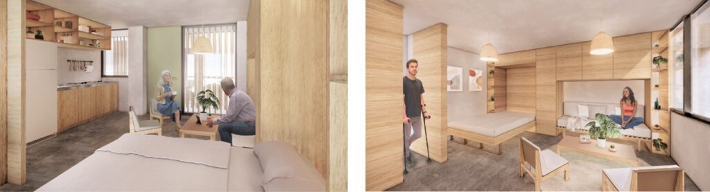 Interior de dos viviendas diseñadas siguiendo criterios de diseño universal con población mayor y personas con discapacidad.
