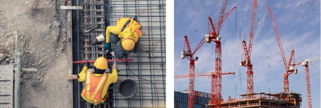 albañiles trabajando en una obra y grúas trabajando en un edificio en construcción