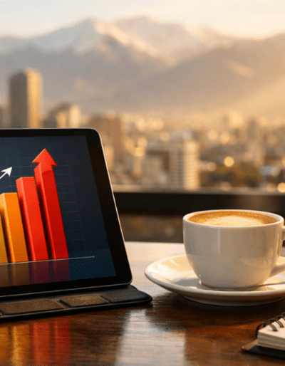 Tablet, xícara de café e caderno no escritório de uma empresa multinacional com vista para uma cidade da América Latina.