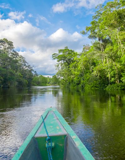 The bow of a boat heading down an Amazonian river.