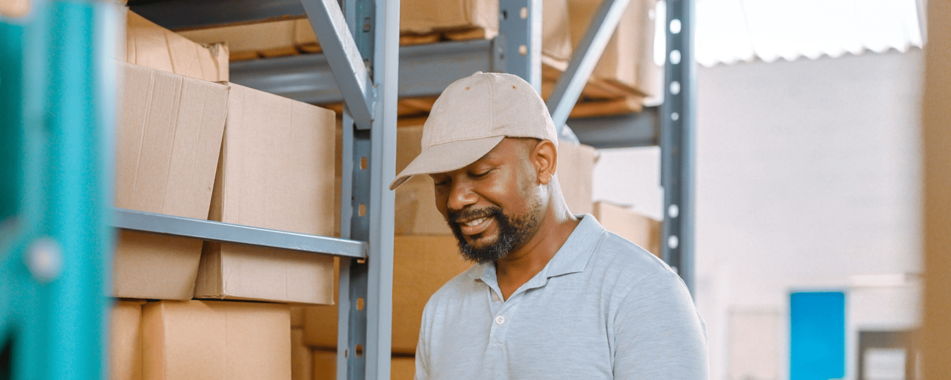 Smiling worker in a factory surrounded by boxes - Inter American Development Bank - IDB Invest