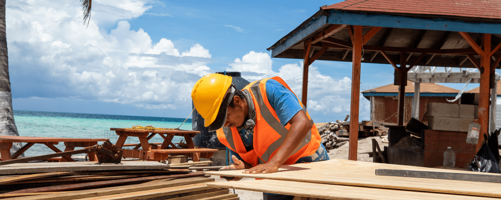 Women holding in her arms a table with a beach background - Inter American Development Bank - Natural Disaster