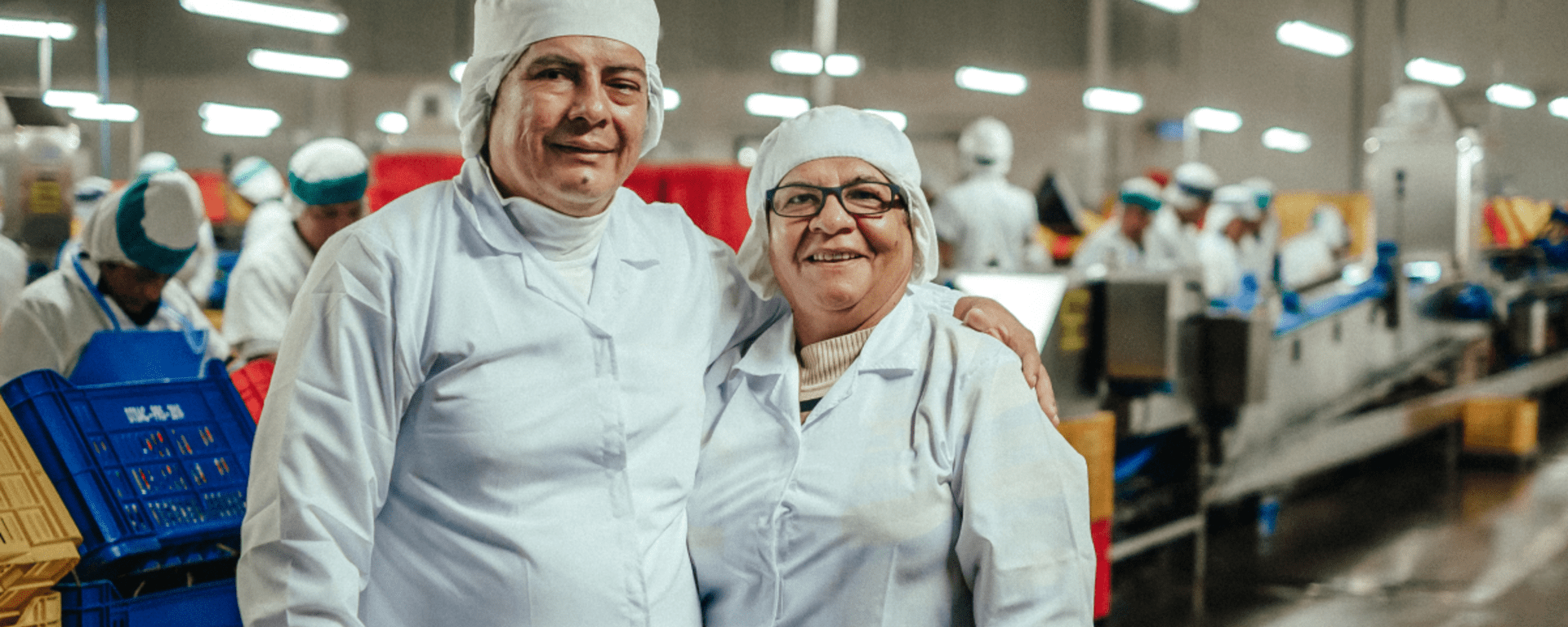 Elderly man and woman smiling and standing inside a factory with more workers and machines in the background - Inter American Development Bank - Labor Markets