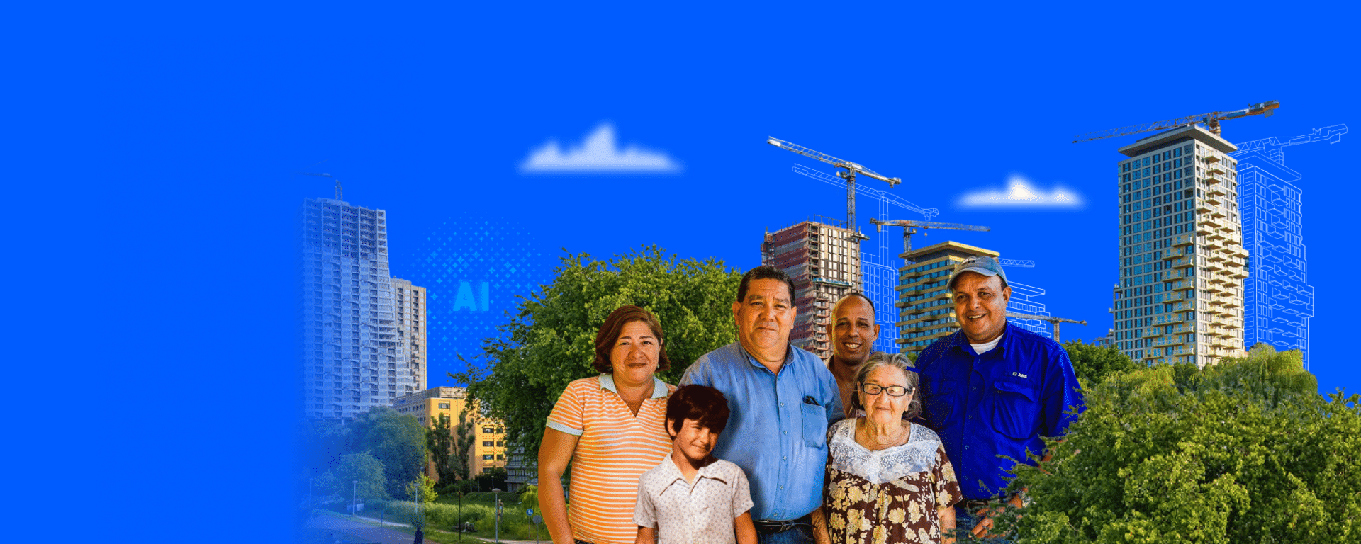Community members in front of residential development projects supported by digital innovation and artificial intelligence IDB