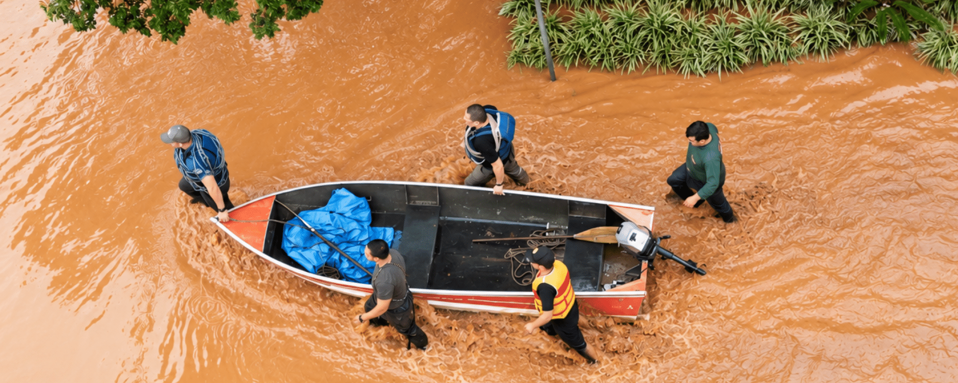 Emergency response personnel moving a boat through floodwaters during a disaster response operation IDB