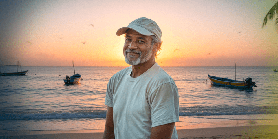 Men smiling in front of a beach - MEF - Inter American Development Bank - IDB