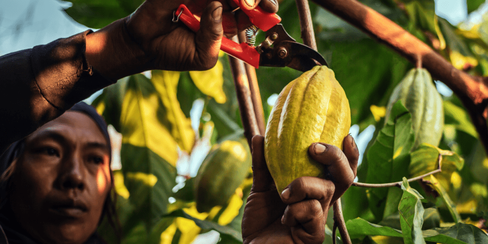 Indigenous man cutting a cacao plant - Inter American Development Bank - Amazon