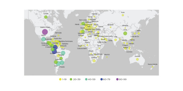Mapa con la localización de las multilatinas y sus filiales alrededor del mundo