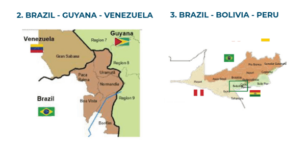 Two maps with flags of tri-border Amazonia clusters