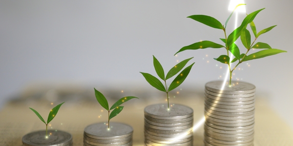 Montones de monedas con plantitas que representan crecimiento sostenible