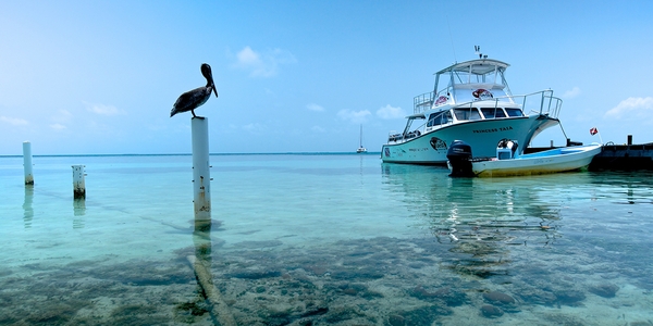 Tourist boat anchored off the Caribbean coast.