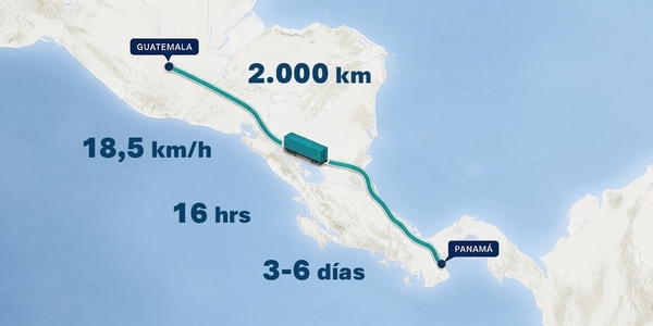 Map of a 2,000 km freight route between Guatemala and Panama, highlighting an average speed of 18.5 km/h and a 3–6 day journey.
