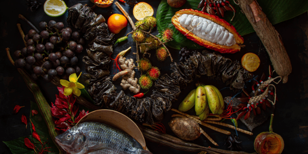 Assortment of Amazonian foods and plants, including cacao, fruit, roots, fish, and seeds, arranged on a dark surface.