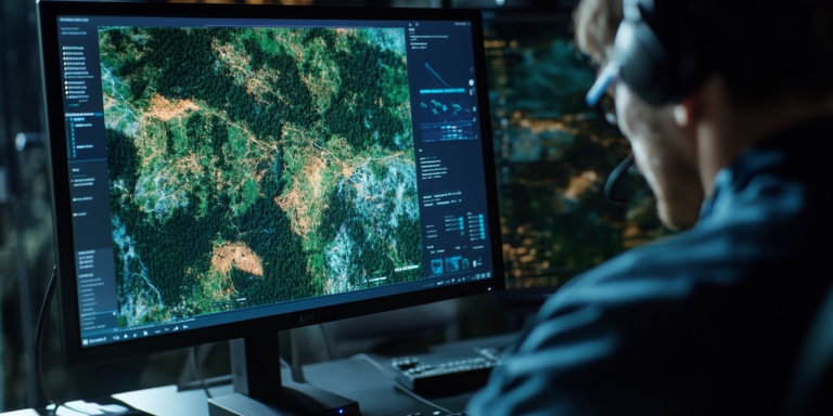 Operator analyses detailed geospatial data large monitor surrounded by screens displaying - Inter American Development Bank - Disaster Risk Management