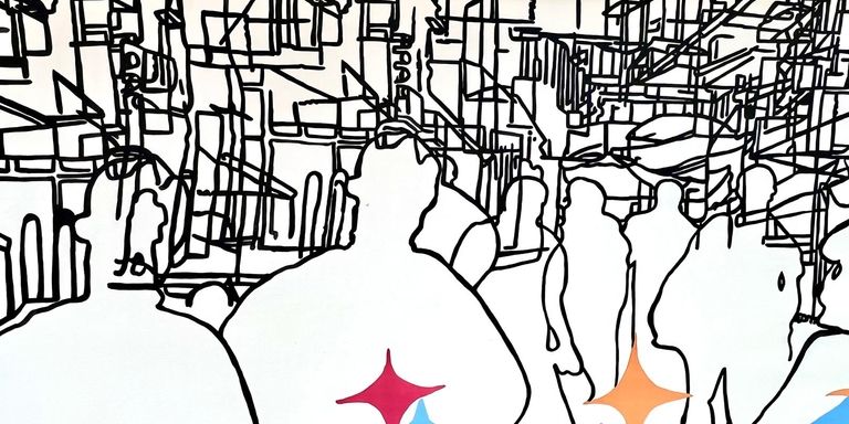 White silhouettes of people's bodies and in the background a graphic representation of a city - Inter American Development Bank - Civil Society