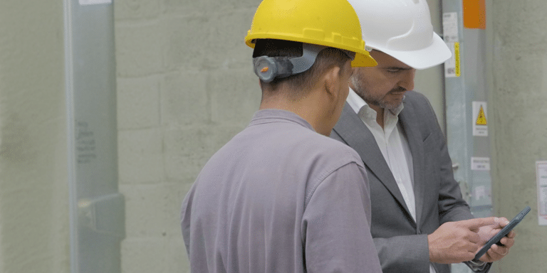 Workers using digital technology in an industrial facility IDB