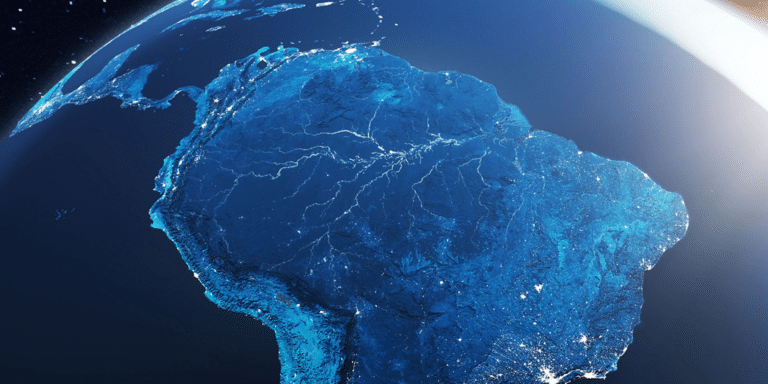 Satellite view of Latin America and the Caribbean from space highlighting the region at sunrise IDB