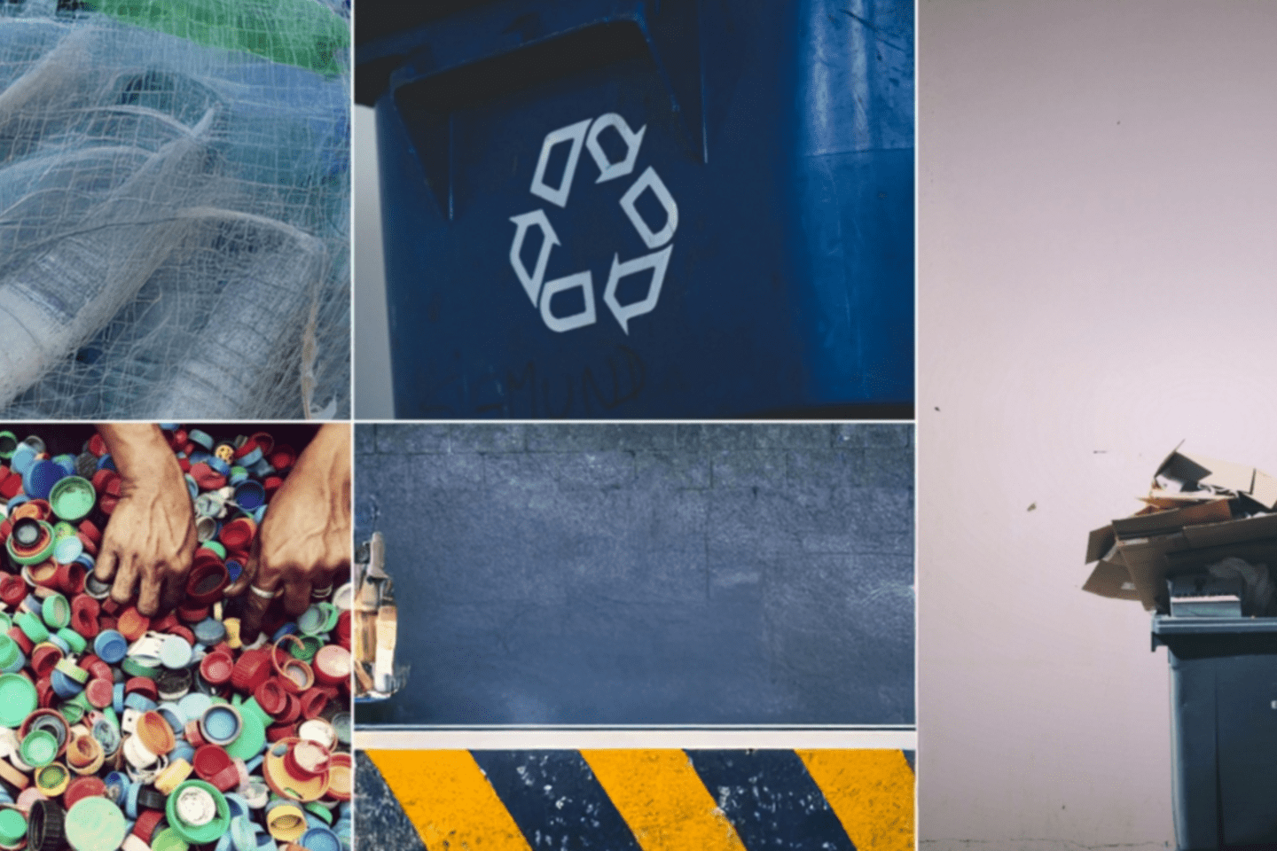 Collage sobre gestión de residuos sólidos para el desarrollo, con imágenes de reciclaje: redes de pesca, tapas plásticas, símbolo de reciclaje y contenedor con cartón.