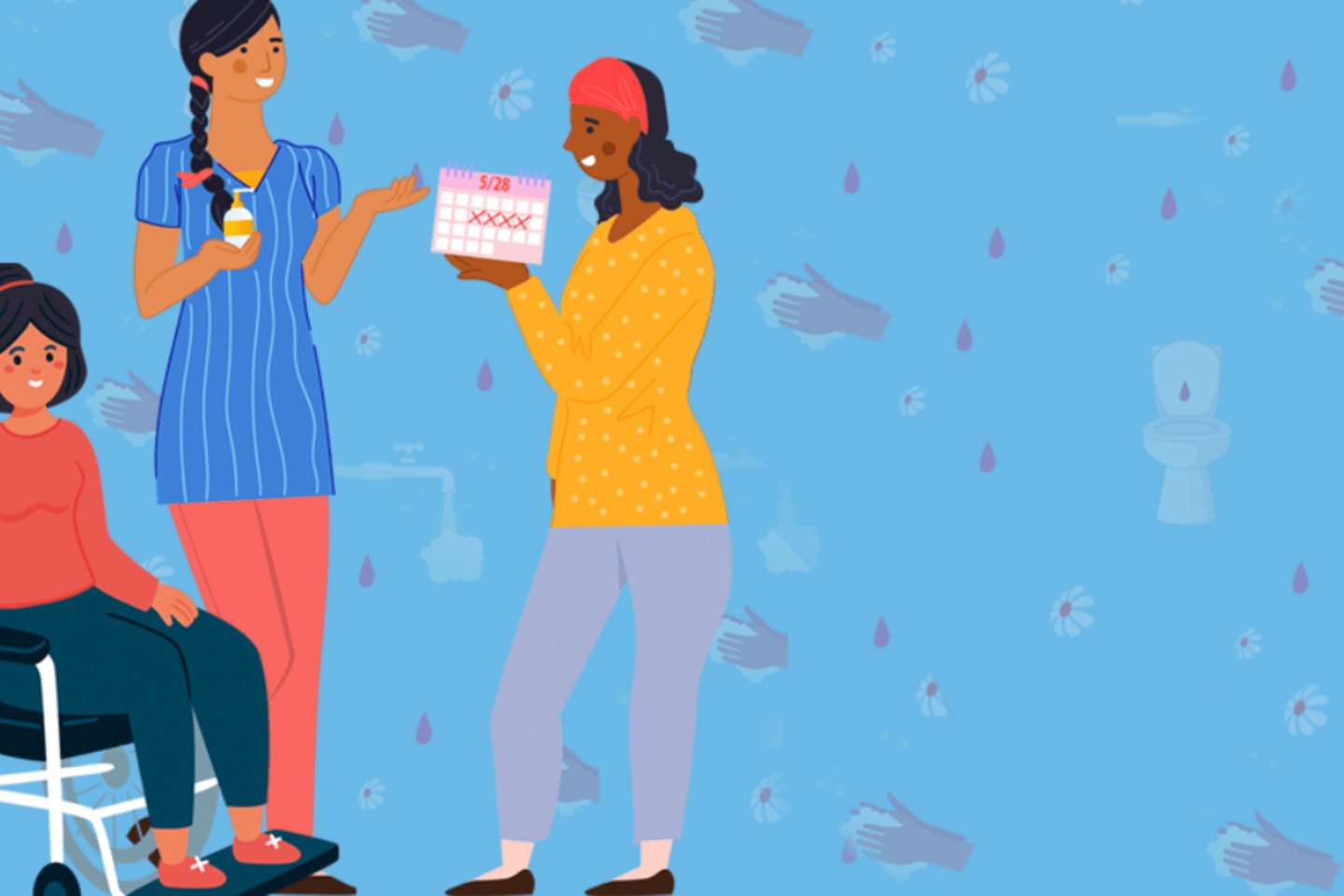 Imagem ilustrativa de três mulheres celebrando a higiene menstrual com um calendário.