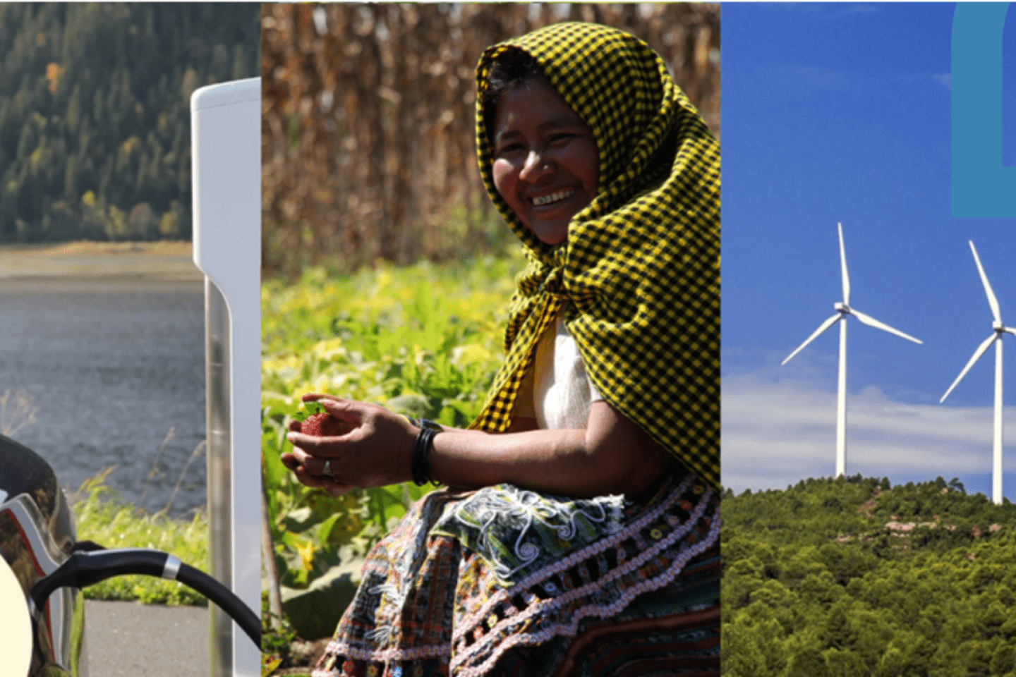 Collage with gas pump, farm, and wind turbines