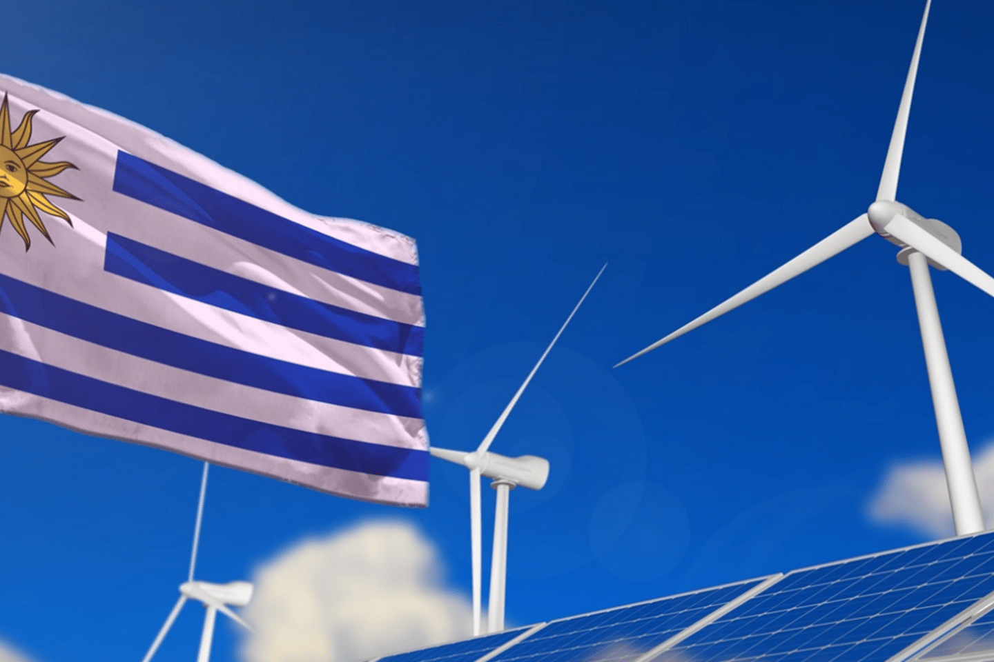 Uruguay renewable energy, wind and solar energy concept with wind turbines and solar panels - alternative energy - industrial illustration, 3D illustration