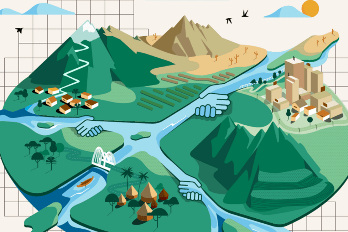 An illustration of a landscape shaped like a turtle, with a river flowing through it and bridging through water.