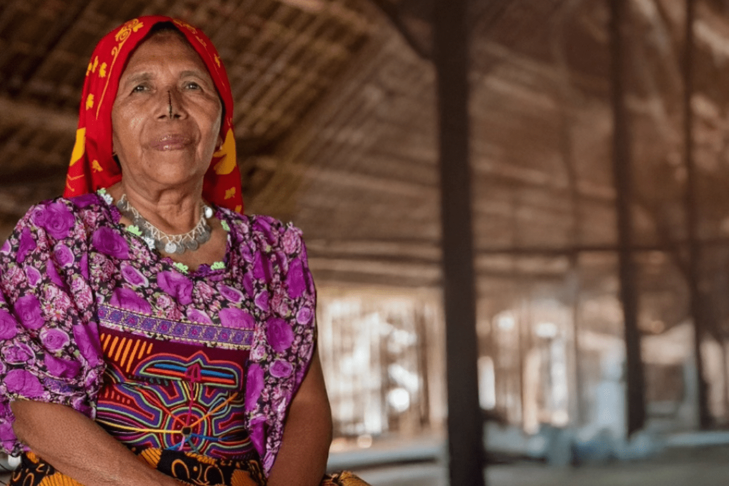 Indigenous Guna woman from Panama in traditional colorful mola attire and necklace, representing water and sanitation on International Women’s Day.