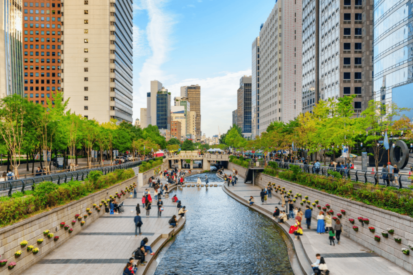 Scenic view of the Cheonggye Stream at downtown of Seoul