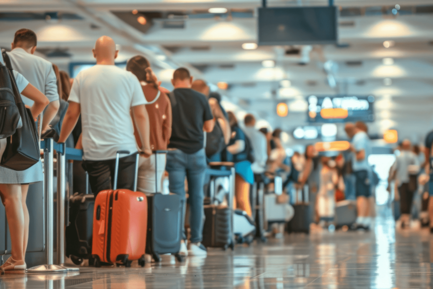 Pasajeros haciendo fila en un aeropuerto con maletas, ilustrando el impacto de fallas de software en los sistemas de transporte.
