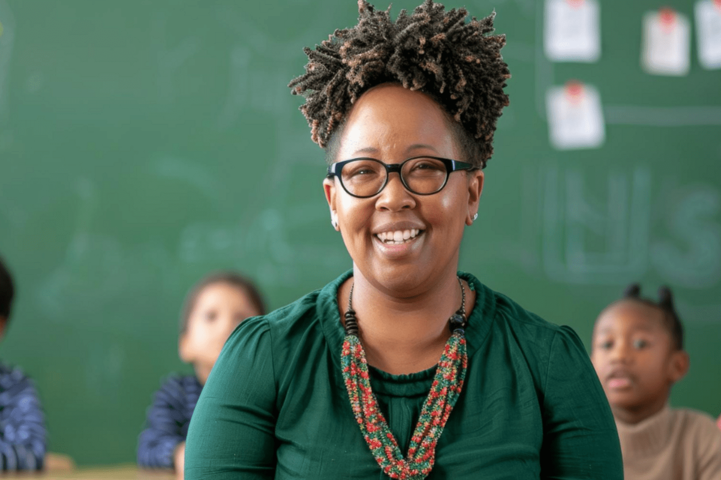 mulher sorri para a câmera diante de crianças em sala de aula