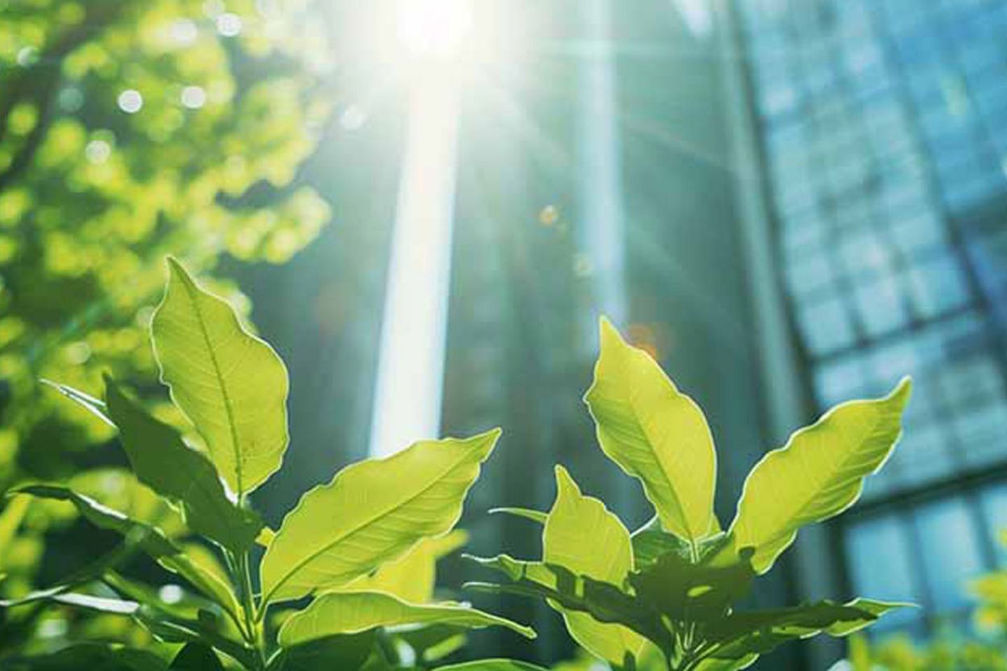 plants in front of buildings with light shinning through