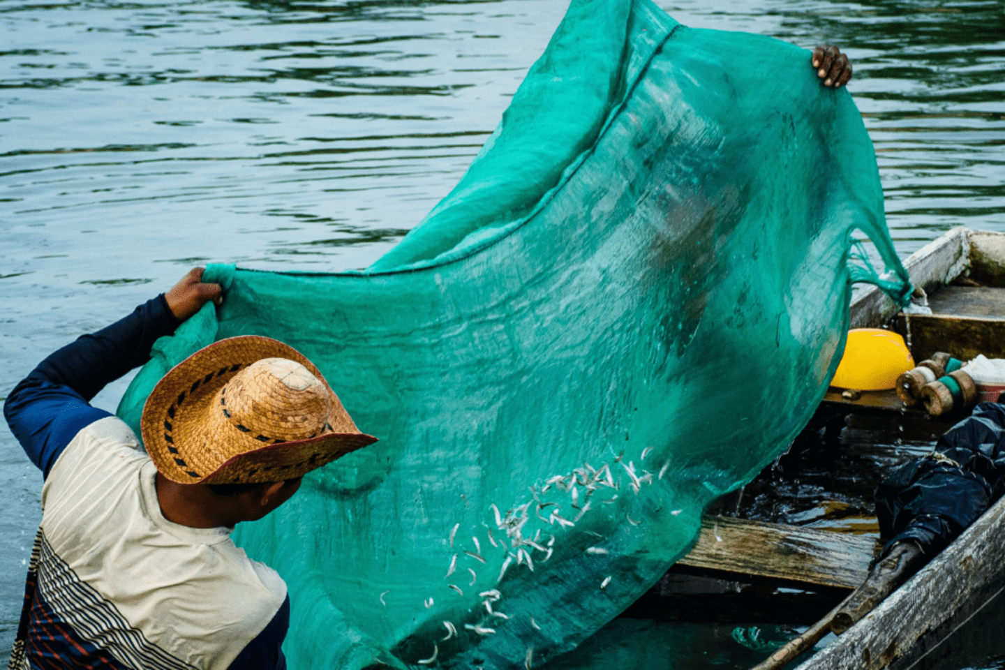 Pescador en embarcación de madera realizando pesca artesanal con red verde, ilustrando la modernización de la flota acuática.