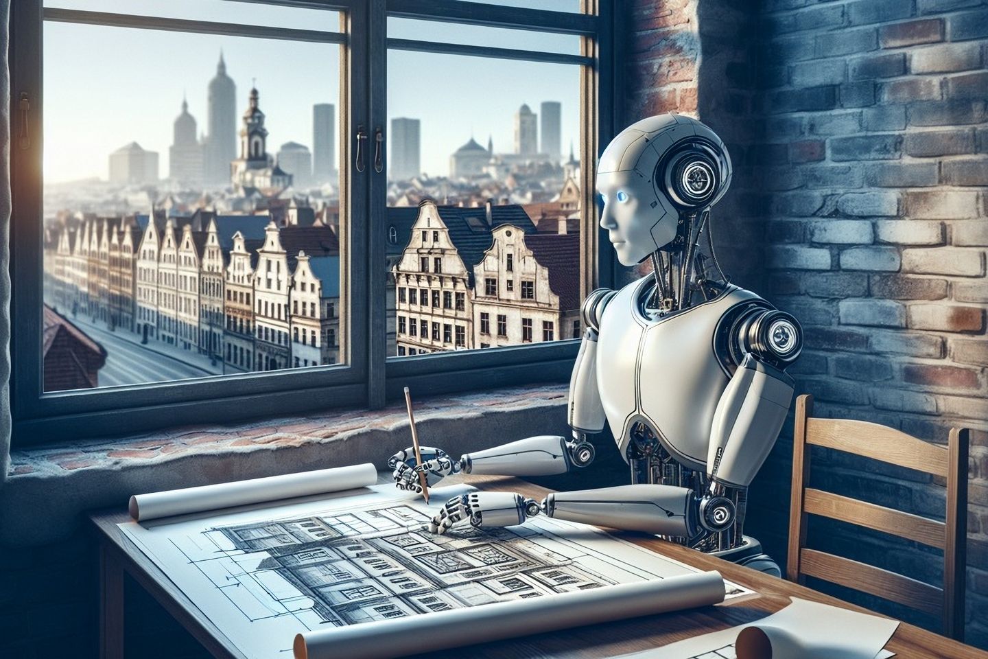 An anthropomorphic portrayal of AI with an urban background.