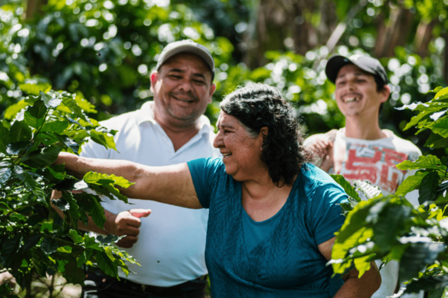 Older Latin American woman working in nature alongside two men in the background. All three are smiling.